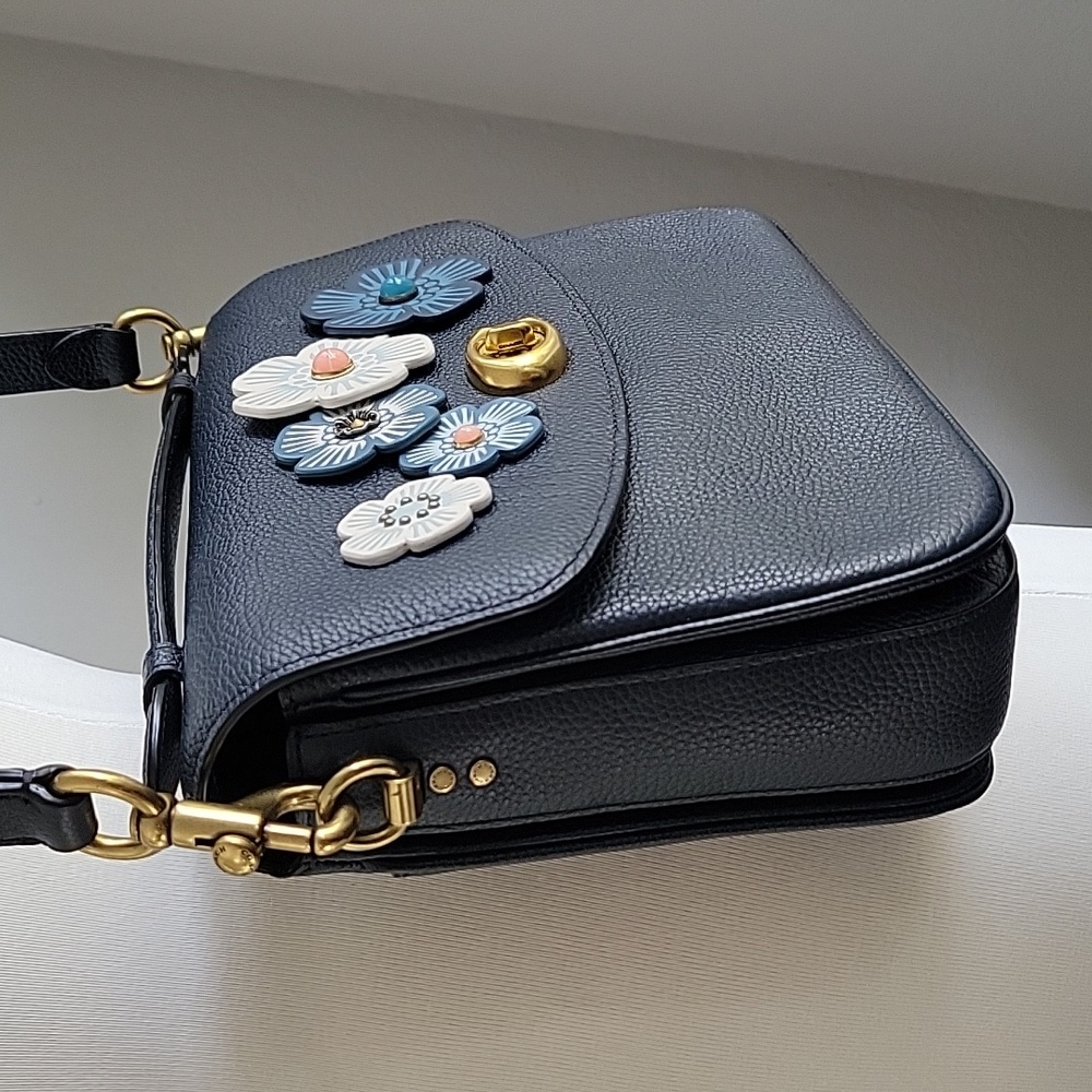 Navy Floral Appliqué Leather Shoulder Bag - Picture 5 of 15